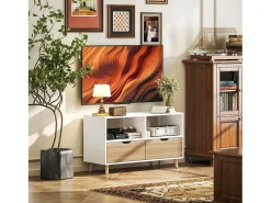 Discount Suporte baixo para TV com pés, estilo escandinavo, 2 gavetas, acabamento em carvalho claro e . Branco