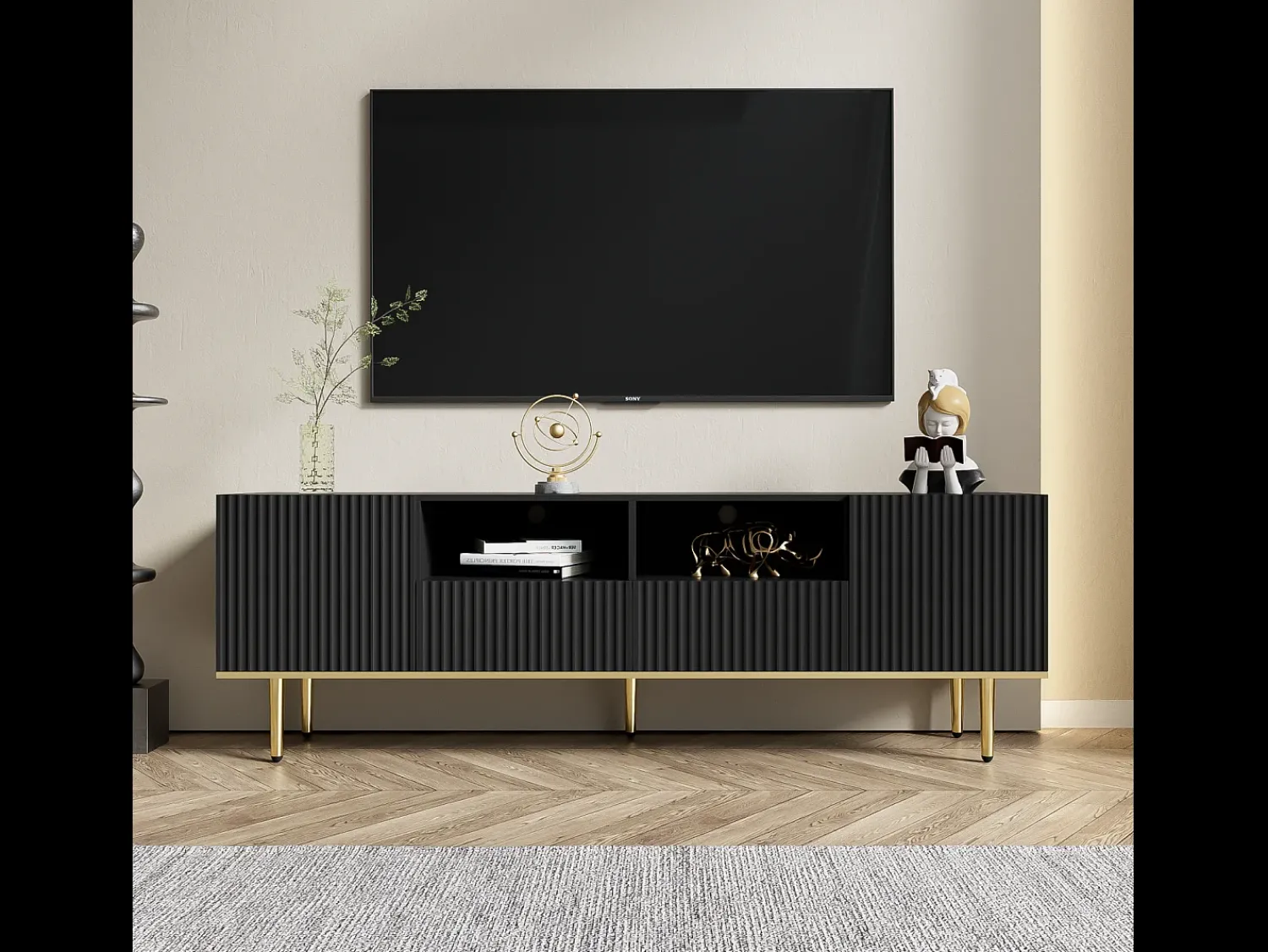 Móvel De Tv| Suporte baixo para TV com 2 gavetas e 2 portas, unidade de armazenamento com pés e detalhes dourados, banco de TV Preto
