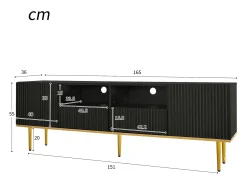 Móvel De Tv| Suporte baixo para TV com 2 gavetas e 2 portas, unidade de armazenamento com pés e detalhes dourados, banco de TV Preto