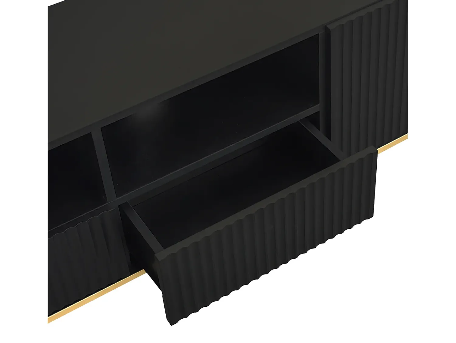 Móvel De Tv| Suporte baixo para TV com 2 gavetas e 2 portas, unidade de armazenamento com pés e detalhes dourados, banco de TV Preto
