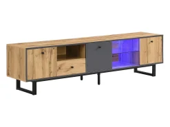 Suporte baixo para TV, suporte para TV LED de 190 cm, com divisória de vidro, compartimentos e gaveta, acabamento em madeira industrial.^ Móvel De Tv