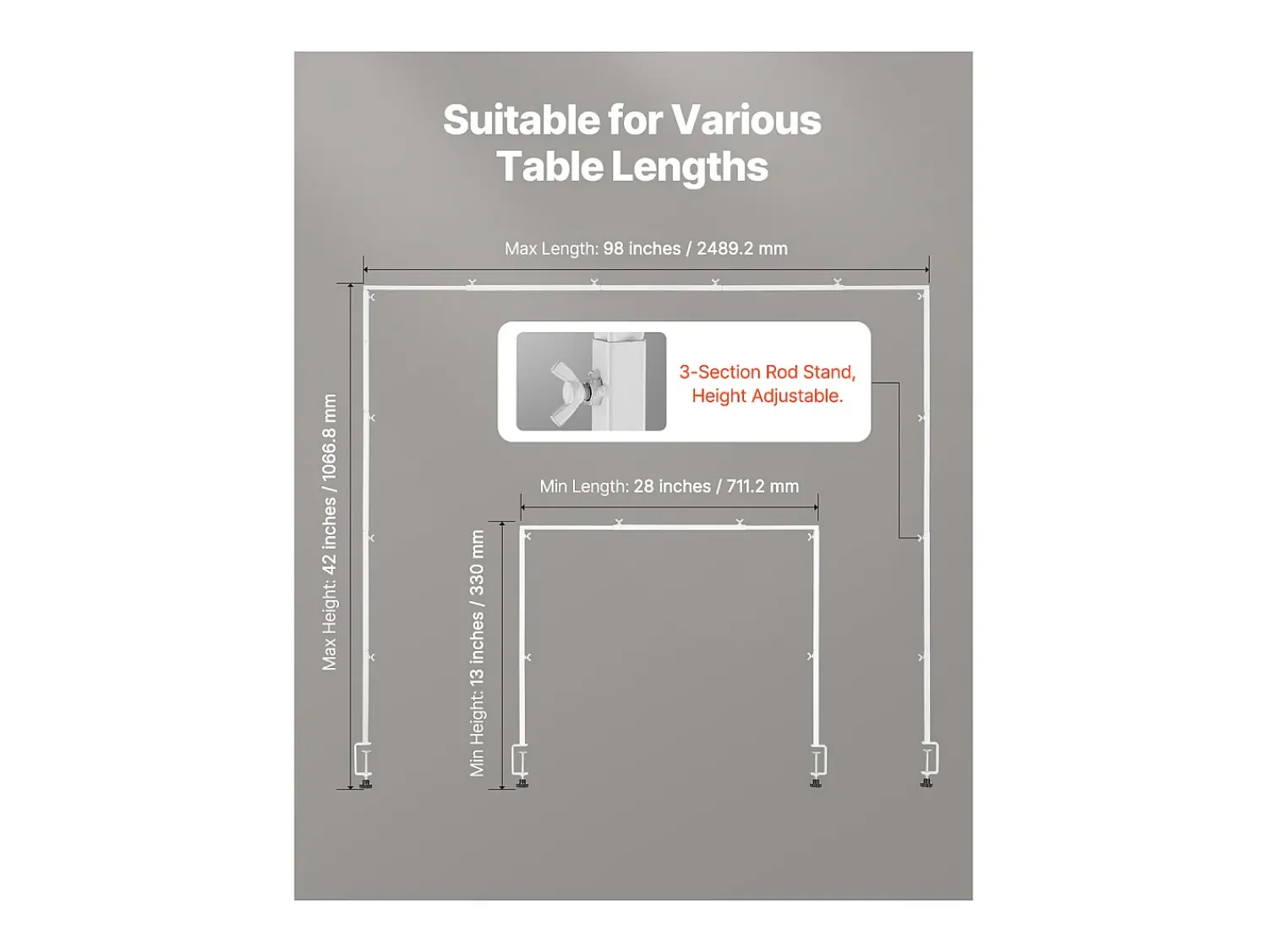 Suporte de Haste de Mesa SucceBuy com Pinças, Suporte de Arco de Mesa, Altura Ajustável 33-106.7 cm Comprimento Ajustável 71.1-249 cm, Quadro de Arco de Metal^ Prateleira