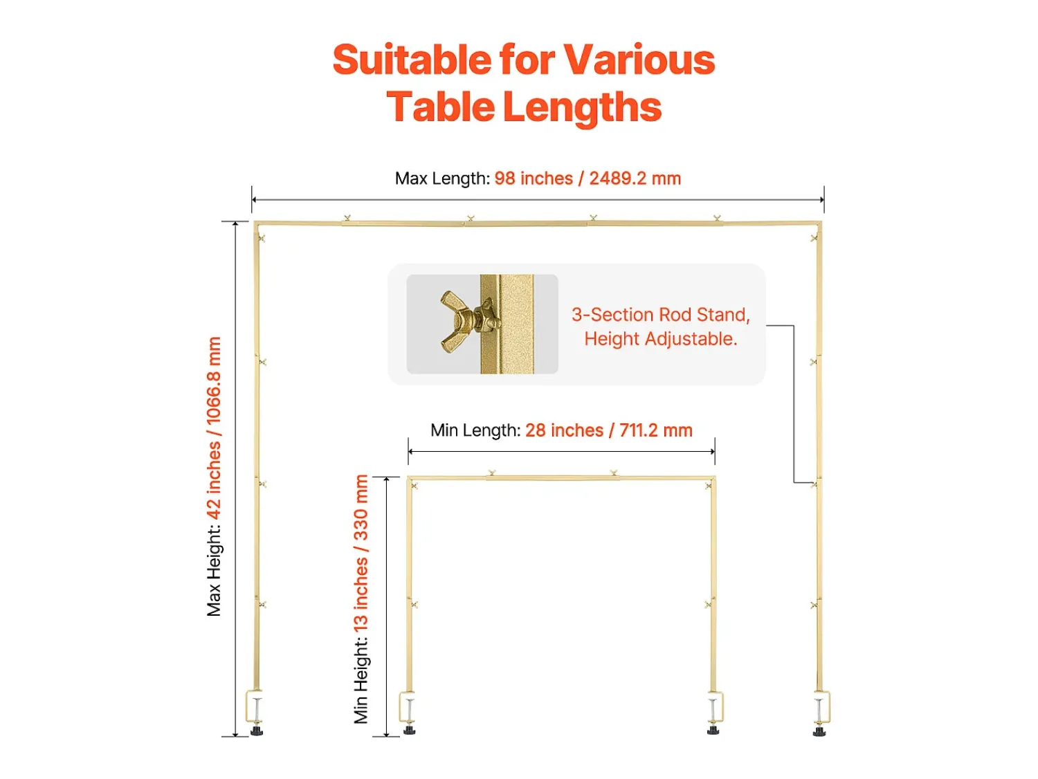Suporte de Haste de Mesa SucceBuy com Pinças, Suporte de Arco de Mesa, 2 PCS, Altura Ajustável 33-107 cm Comprimento Ajustável 71.1-249 cm, Quadro de Arco de Metal^ Prateleira