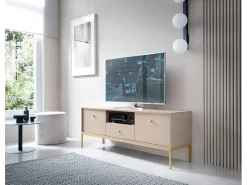 Móvel De Tv| Suporte de TV 2 portas e 1 gaveta com pés de metal dourado, 154x56 cm Bege