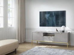 Online Suporte de TV 2 portas e 1 gaveta com pés de metal dourado, 154x56 cm Cinzento