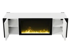 Discount Suporte de TV baixo com lareira elétrica, efeito de chama, sem função de aquecimento, e branco. Preto