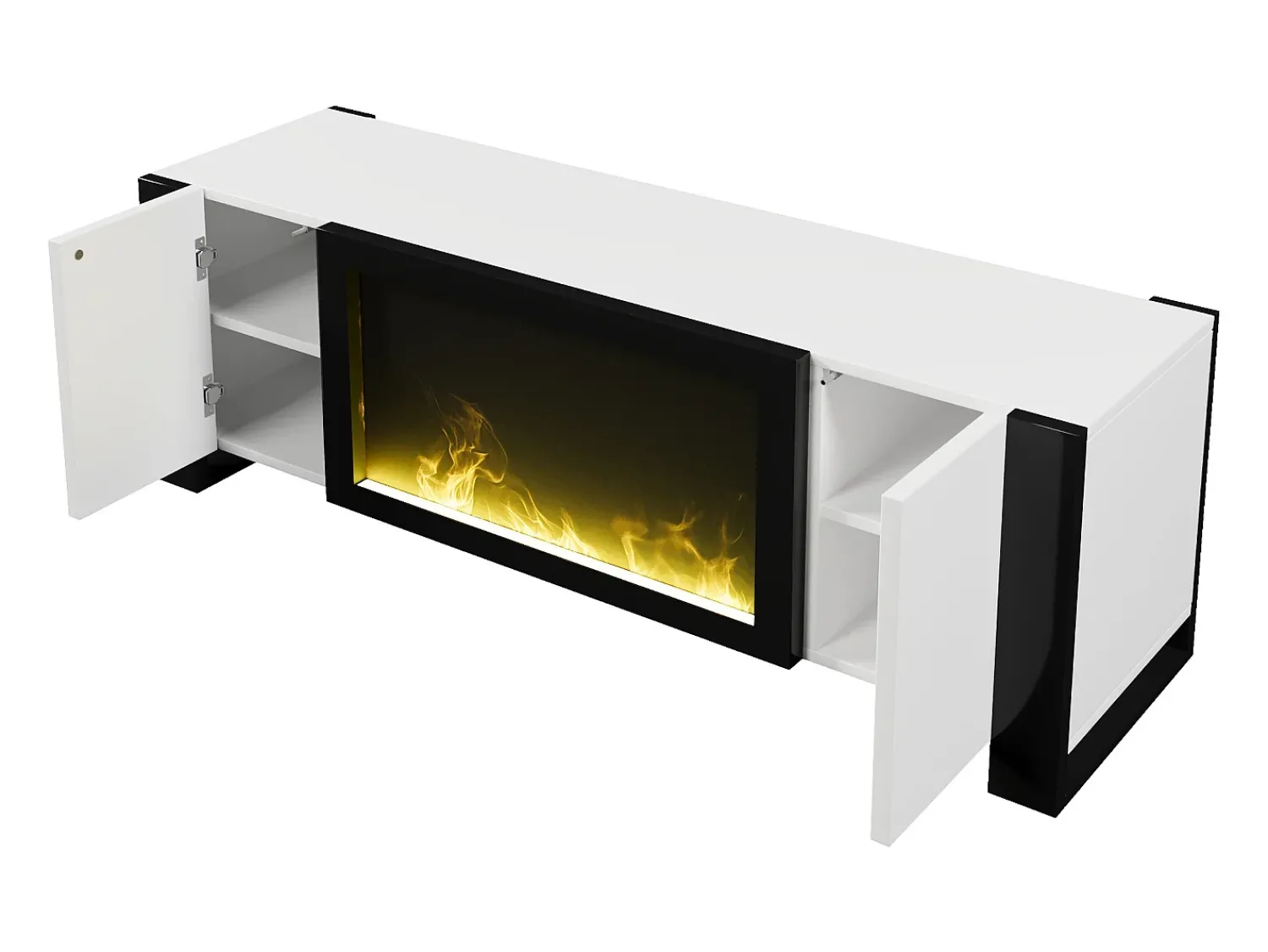Discount Suporte de TV baixo com lareira elétrica, efeito de chama, sem função de aquecimento, e branco. Preto