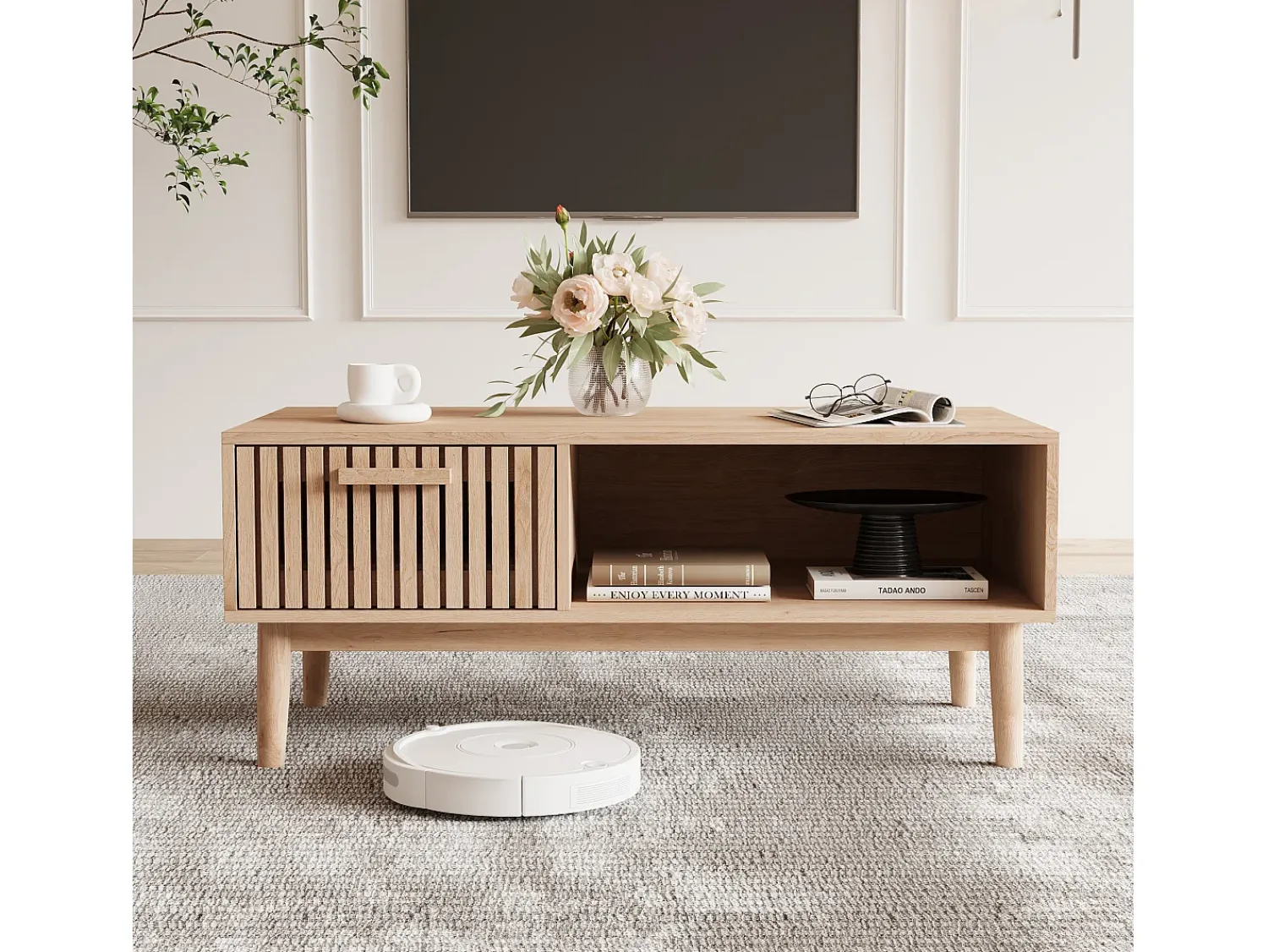 Mesa De Centro| Suporte de TV baixo, móveis contemporâneos, unidade de TV, 100 x 50 x 43 cm, madeira Natural claro