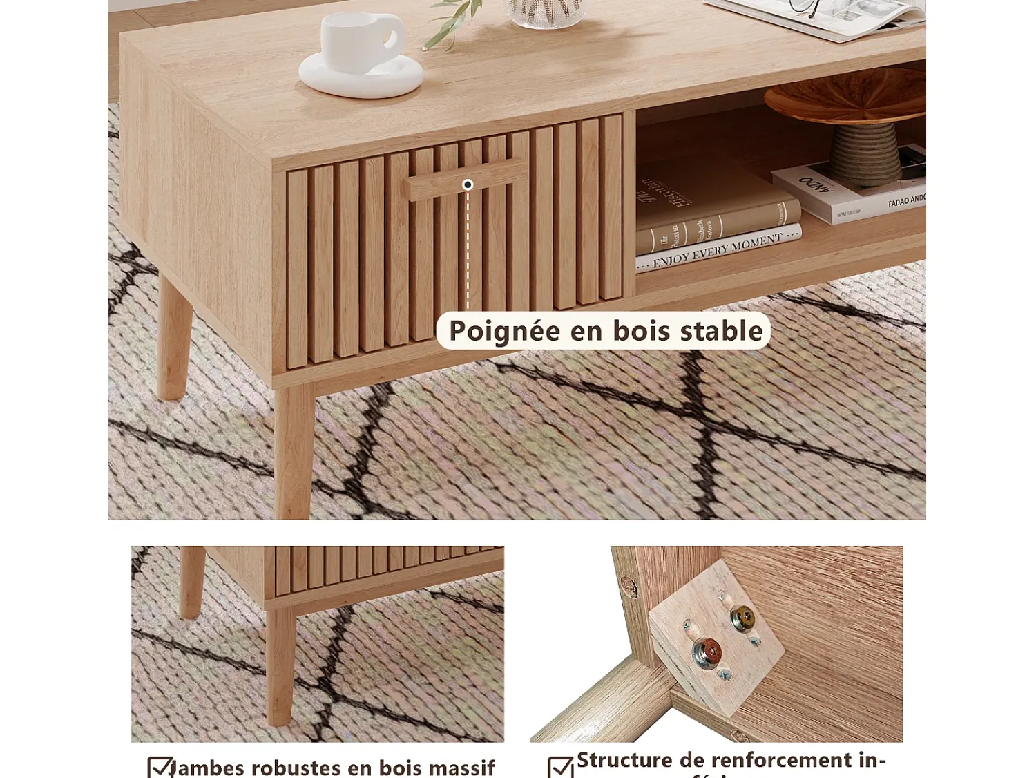 Mesa De Centro| Suporte de TV baixo, móveis contemporâneos, unidade de TV, 100 x 50 x 43 cm, madeira Natural claro