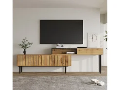 Móvel De Tv* Suporte de TV com design em mármore e veios de madeira, pés de ferro, 180 x 36,5 x 58 cm, madeira escura Castanho