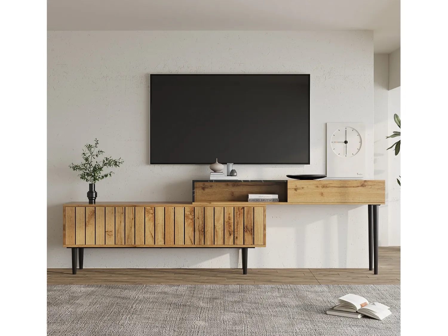 Móvel De Tv* Suporte de TV com design em mármore e veios de madeira, pés de ferro, 180 x 36,5 x 58 cm, madeira escura Castanho