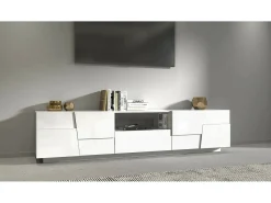 Hot Dmora Suporte de TV Dcortinovi, CredenzBaixa para sala de estar com 4 portas e 1 gaveta, Base de suporte para TV, 220x44h46 cm, brilhante Branco