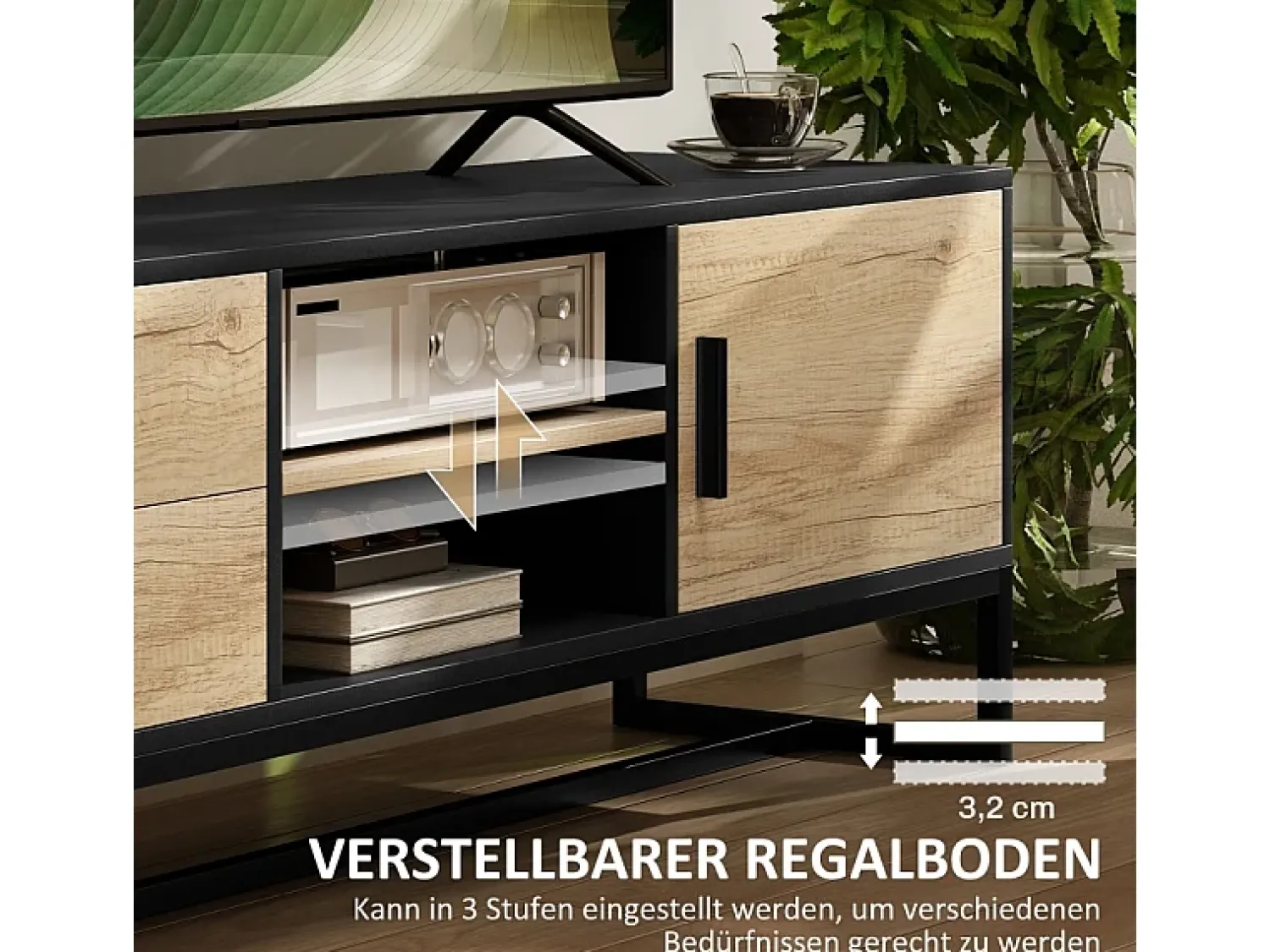 Hot Suporte de TV de madeira com compartimentos abertos e 2 gavetas, para sala de estar ou quarto. Natural claro