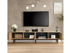Online Suporte de TV de madeira com iluminação LED, portas e compartimento de armazenamento, para sala de estar, sala de jantar, quarto, madeira, 180 cm Natural claro