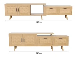 Móvel De Tv* Suporte de TV extensível de 146 a 180 cm, com 2 gavetas, 2 portas e espaço de armazenamento, ideal para sala de estar ou quarto. Fabricado em madeira. Natural claro