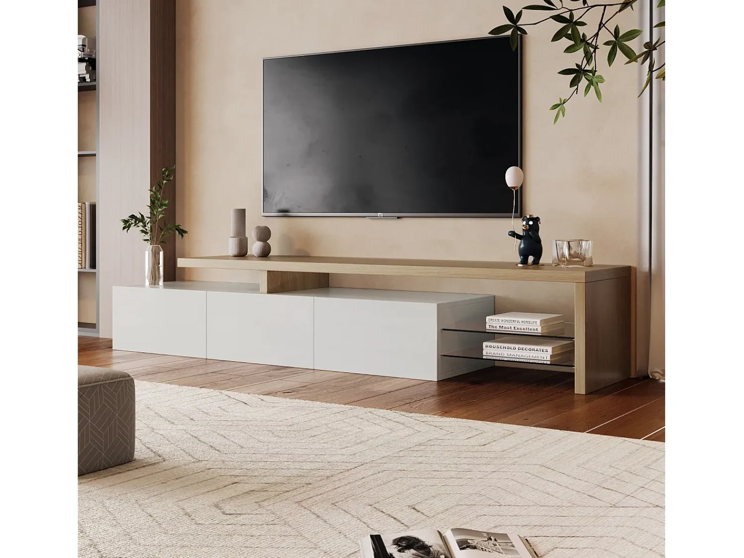 Best Suporte de TV LED moderno – Branco e Carvalho, 200 cm, com carregador europeu Azul
