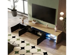 Suporte de TV moderno com luzes LED reguláveis, 3 portas e prateleiras de vidro -^ Móvel De Tv