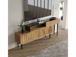 Suporte de TV moderno: mármore e textura de madeira, pés de ferro, madeira escura, compacto e durável.^ Móvel De Tv