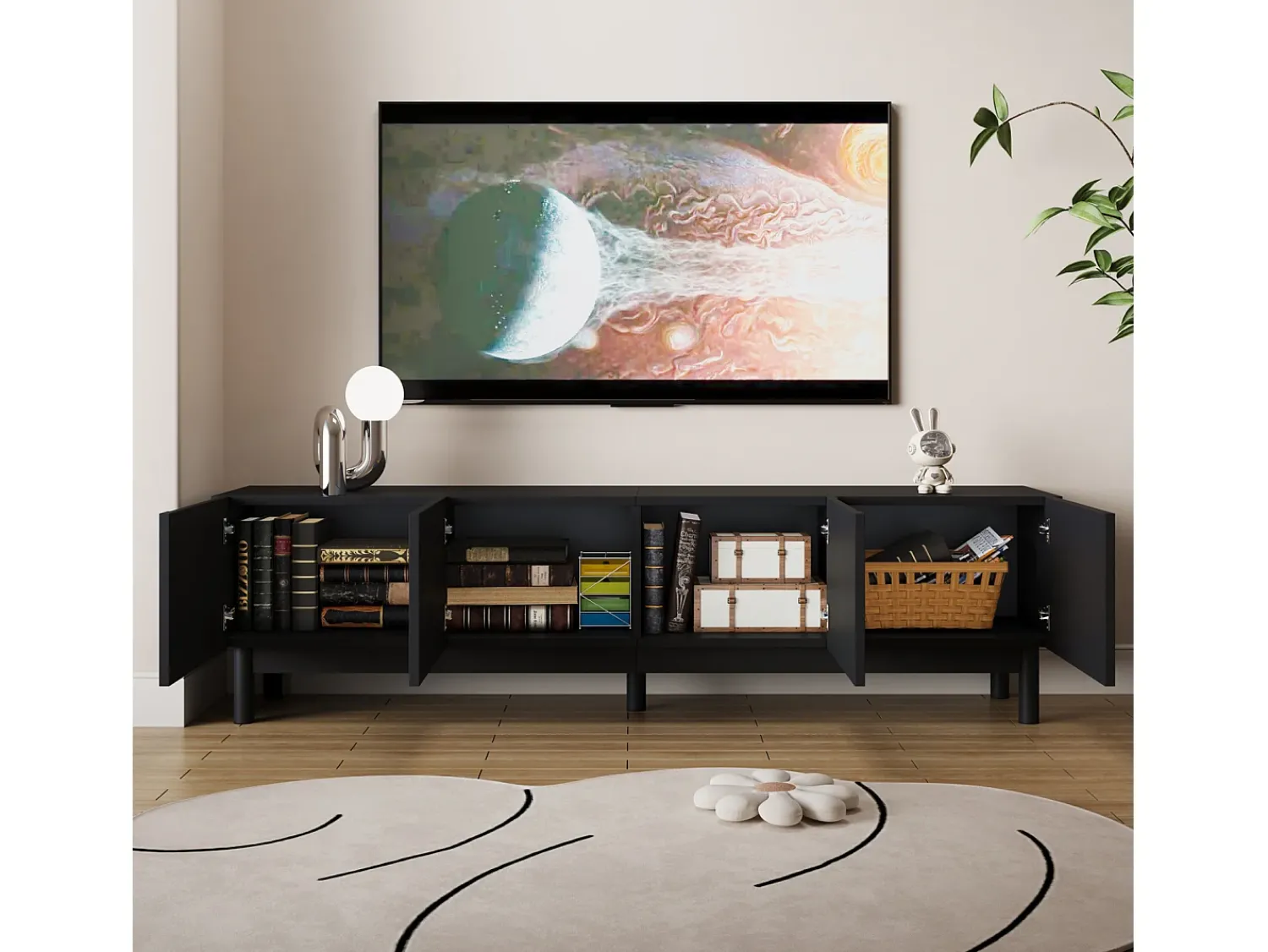 Suporte de TV com 4 portas, armário para TV, unidade de armazenamento com divisórias ajustáveis.^ Móvel De Tv