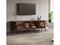 Suporte para TV, 180 cm de comprimento, em madeira escura com duas portas de rattan e quatro gavetas. Natural escuro