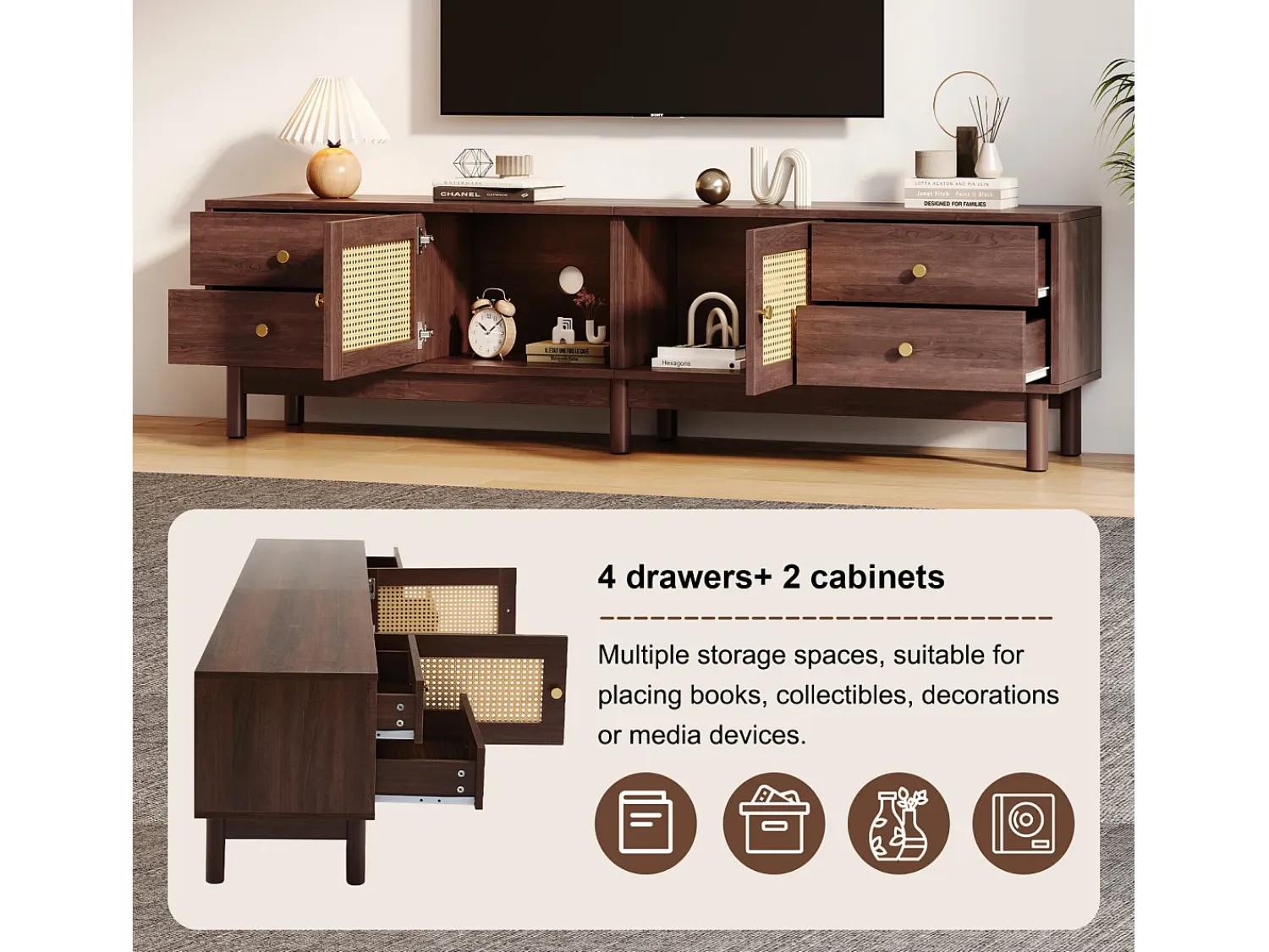 Suporte para TV, 180 cm de comprimento, em madeira escura com duas portas de rattan e quatro gavetas. Natural escuro