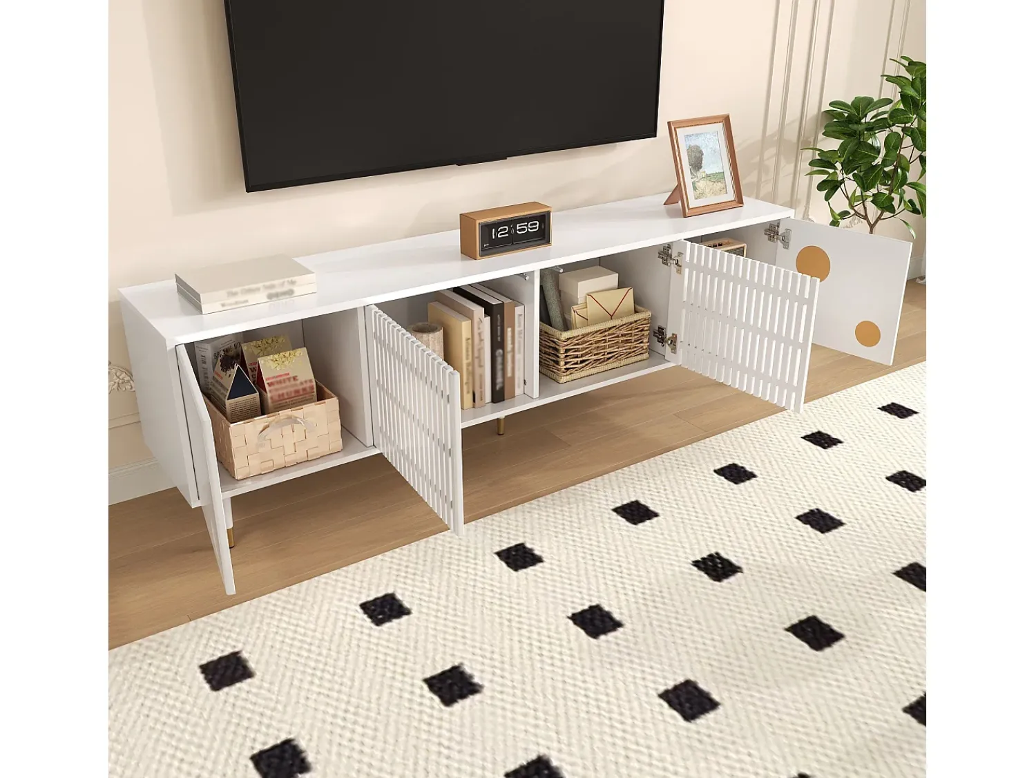 Suporte para TV - Suporte para TV com 4 portas com estrutura em treliça - detalhes dourados e pés ajustáveis^ Móvel De Tv