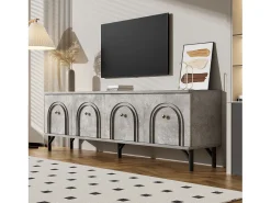 Móvel De Tv* Suporte para TV com 4 portas arqueadas - Suporte para TV moderno - Pernas pretas - para sala de estar e escritório Cinzento