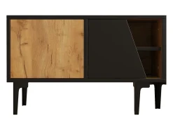 Móvel De Tv|Hauss Spole Suporte para TV com 4 compartimentos - Portas inclinadas - Cor: madeira e preto Natural claro