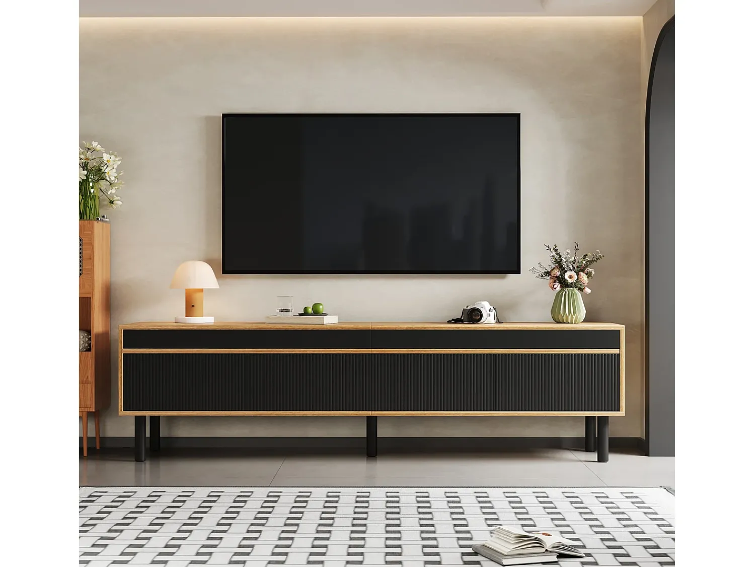 Móvel De Tv* Suporte para TV com 4 portas e pés de madeira maciça, ideal para sala de estar e quarto, 170x38x47cm, nas cores e natural. Preto