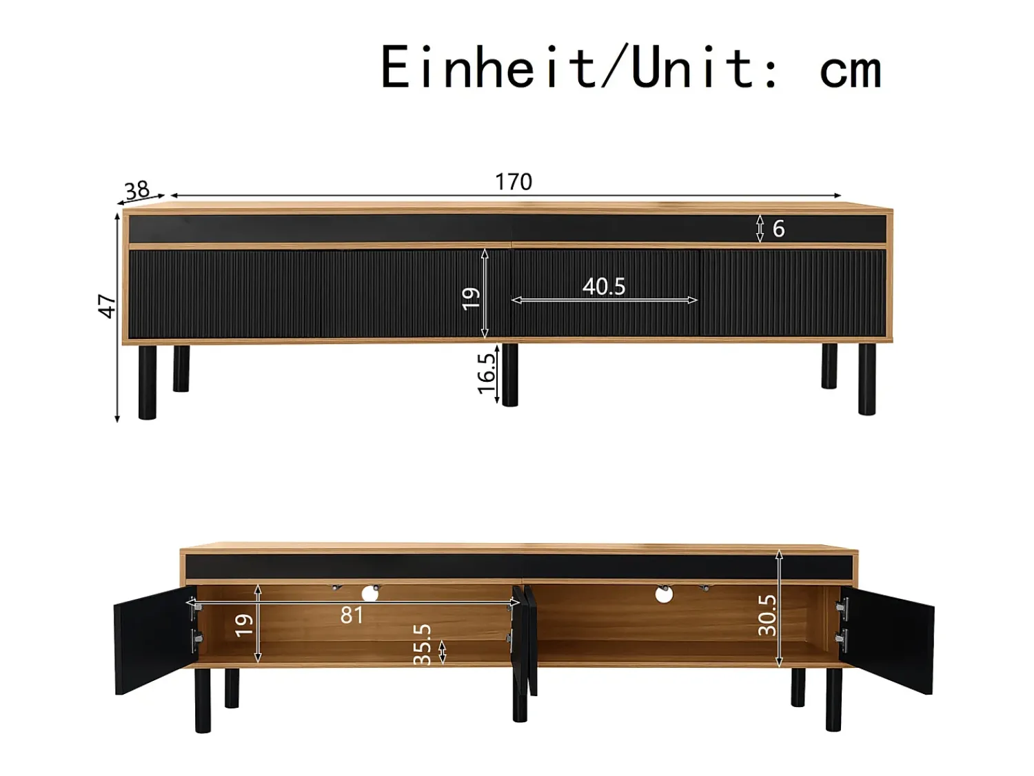 Móvel De Tv* Suporte para TV com 4 portas e pés de madeira maciça, ideal para sala de estar e quarto, 170x38x47cm, nas cores e natural. Preto