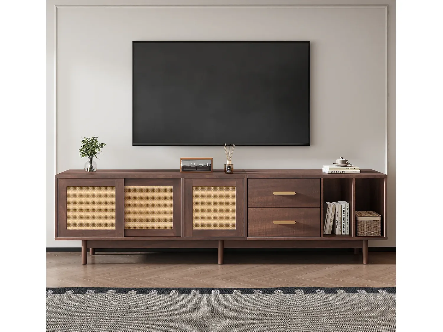 Móvel De Tv| Suporte para TV com 2 portas e 2 gavetas - Suporte para TV com 2 espaços de arrumação abertos - - para sala de estar Castanho