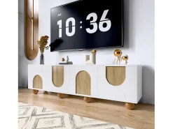 Móvel De Tv*Hauss Spole Suporte para TV com 4 portas - Pés redondos em madeira - Acabamento em madeira vintage - Branco