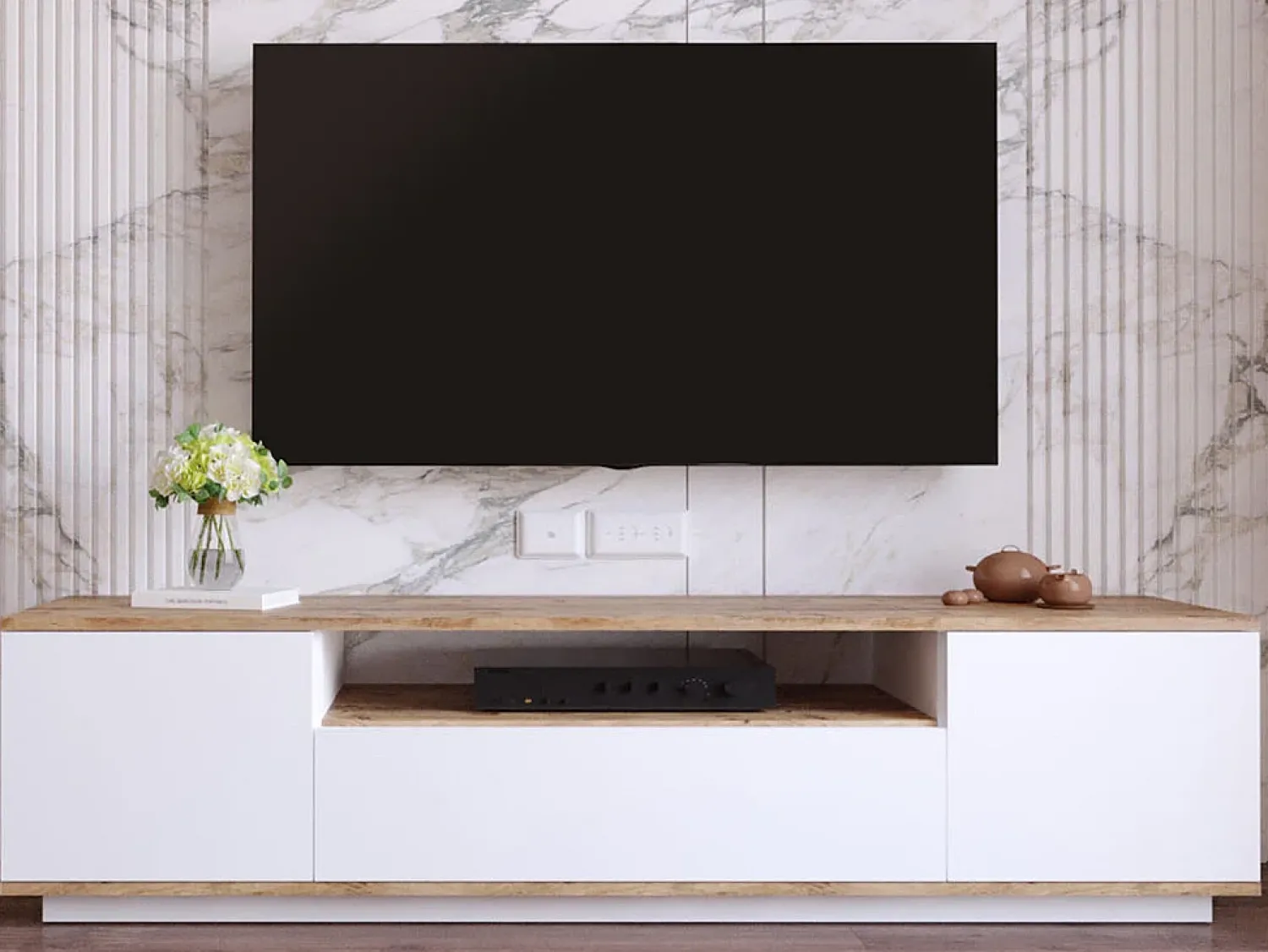 New Vente-unique Suporte para TV com 3 portas e 1 nicho - Branco e natural - LOTULA Natural claro / Branco
