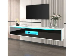 Móvel De Tv| Suporte para TV com acabamento brilhante, em preto e , com iluminação LED de mudança de cor. Branco
