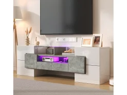New Suporte para TV com alto brilho - Suporte para TV para sala de estar com iluminação LED - 6 portas e 2 gavetas - e cinzento Branco