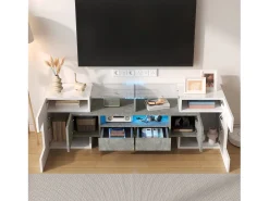 New Suporte para TV com alto brilho - Suporte para TV para sala de estar com iluminação LED - 6 portas e 2 gavetas - e cinzento Branco