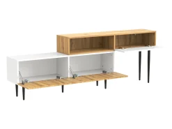 Discount Suporte para TV com altura ajustável, acabamento em madeira e pés de metal preto para sala de estar, Madeira + Branco Natural claro