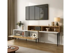 Discount Suporte para TV com altura ajustável, acabamento em madeira e pés de metal preto para sala de estar, Madeira + Branco Natural claro