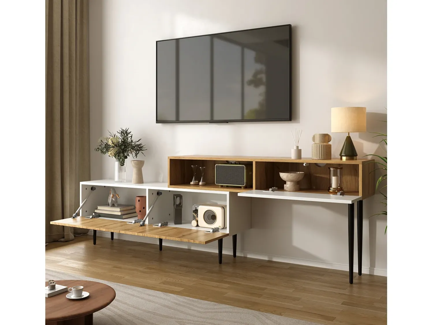 Suporte para TV com comprimento ajustável, design modular em 2 partes, pés de metal, madeira + branco fosco^ Móvel De Tv