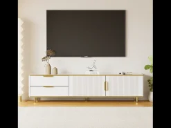 New Suporte para TV com espaço de armazenamento, 2 portas e 2 gavetas, suporte baixo para TV, pés e puxadores dourados, Branco