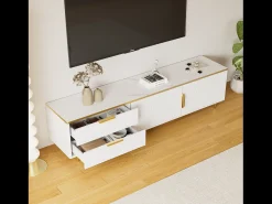 New Suporte para TV com espaço de armazenamento, 2 portas e 2 gavetas, suporte baixo para TV, pés e puxadores dourados, Branco