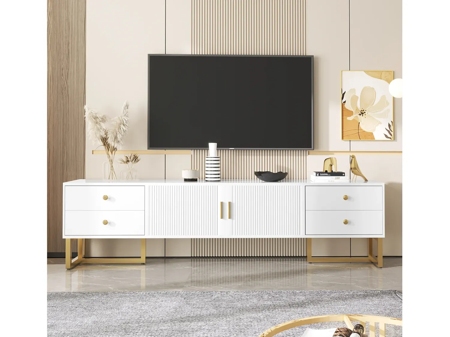 Móvel De Tv| Suporte para TV com espaço de armazenamento, 2 portas e 4 gavetas, suporte baixo para TV, pés e puxadores dourados, Branco