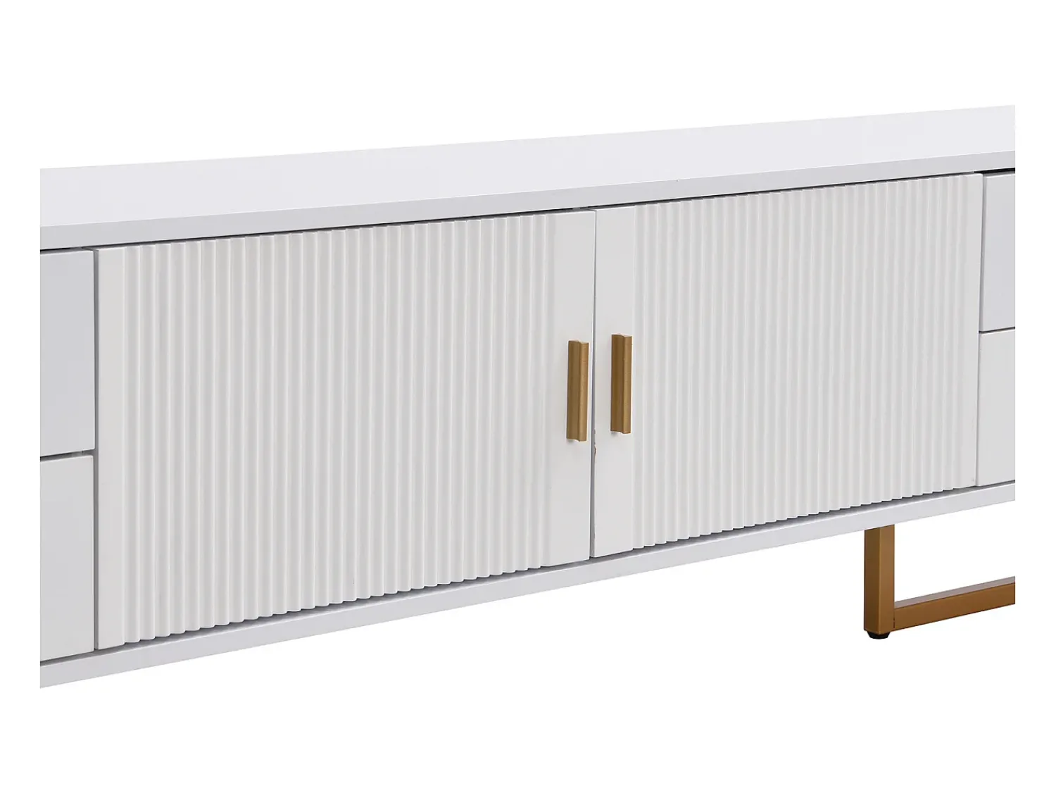 Móvel De Tv| Suporte para TV com espaço de armazenamento, 2 portas e 4 gavetas, suporte baixo para TV, pés e puxadores dourados, Branco