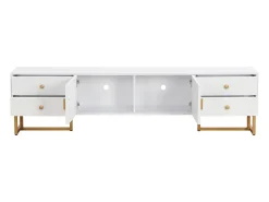 Móvel De Tv| Suporte para TV com espaço de armazenamento, 2 portas e 4 gavetas, suporte baixo para TV, pés e puxadores dourados, Branco