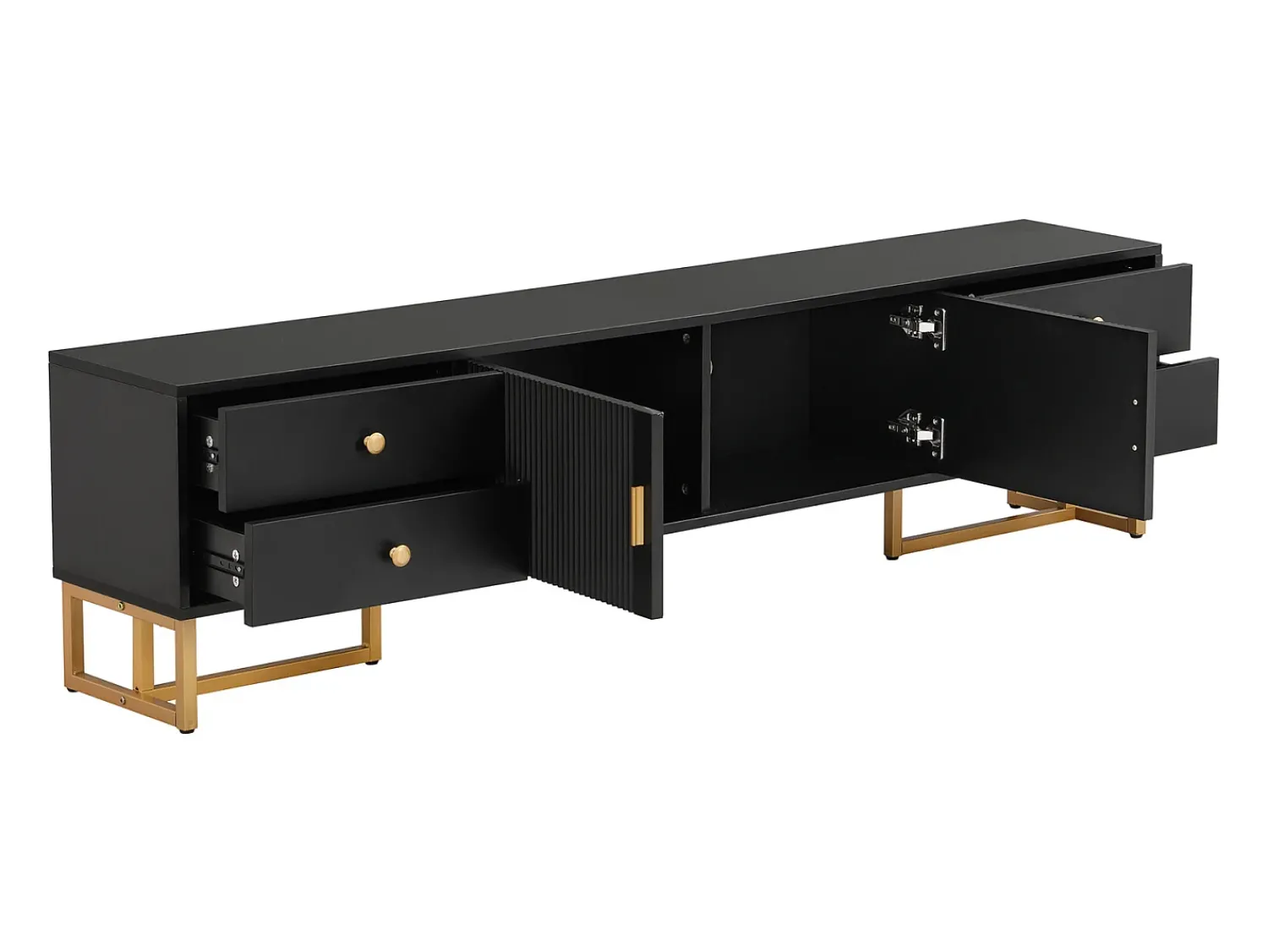 Suporte para TV com espaço de armazenamento, 2 portas e 4 gavetas, suporte baixo para TV, pés e puxadores dourados,^ Móvel De Tv