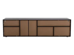 Móvel De Tv| Suporte para TV com espaço de armazenamento, 3 portas e 2 prateleiras de vidro, com iluminação LED ajustável, . Preto