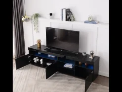 Móvel De Tv| Suporte para TV com espaço de armazenamento, 3 portas e 2 prateleiras de vidro, com iluminação LED ajustável, . Preto