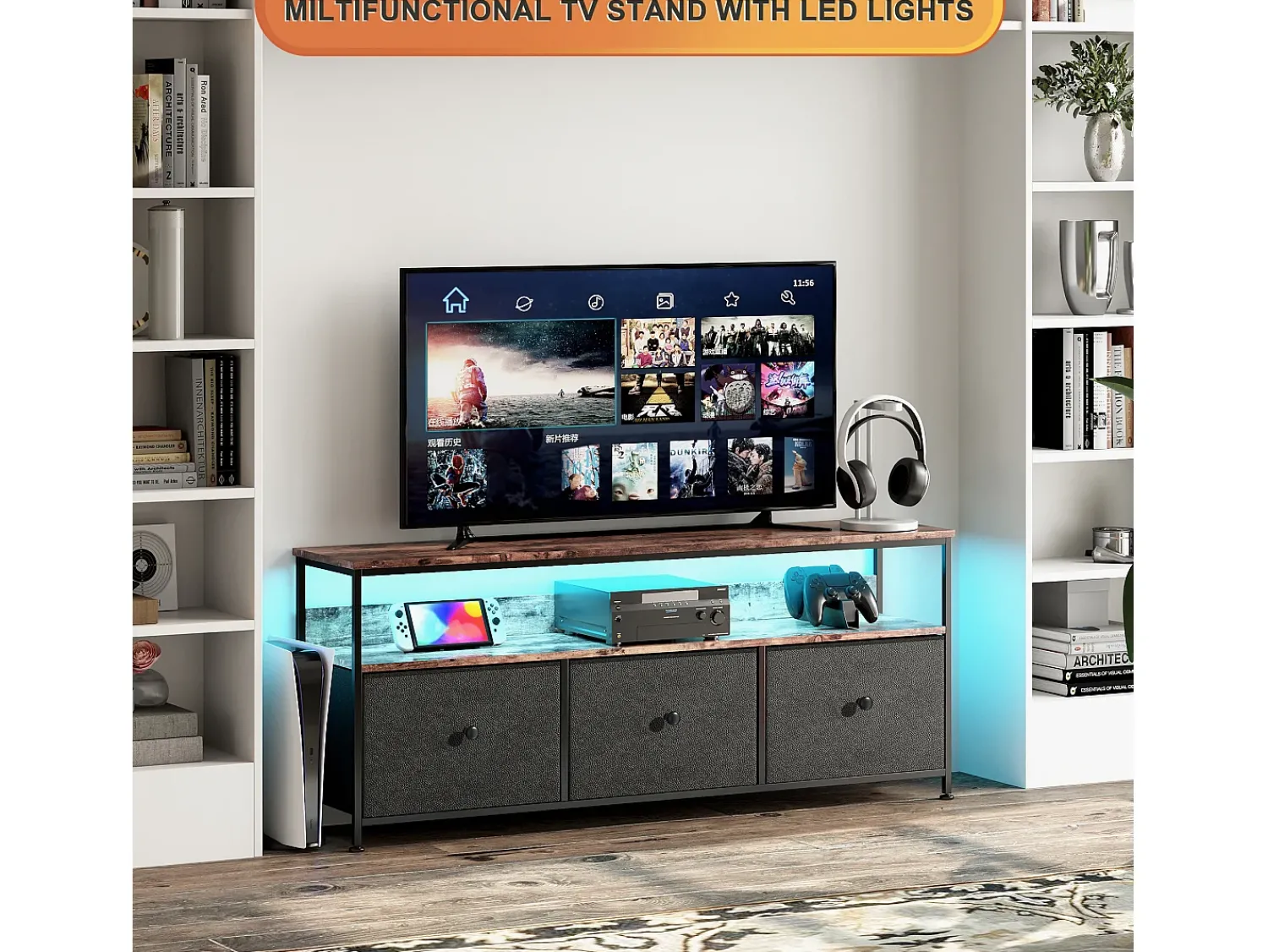 Móvel De Tv| Suporte para TV com iluminação LED, com 3 gavetas - compartimentos abertos - para sala de estar - , 137 x 29,8 x 57 cm Preto