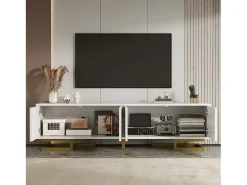 Hot Suporte para TV com portas texturizadas, armário baixo com gavetas, puxadores dourados e pés dourados Branco