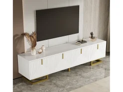 Suporte para TV com portas texturizadas, armário baixo com gavetas, puxadores dourados e pés dourados^ Móvel De Tv